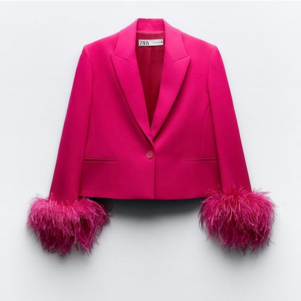 ZARA CROPPED BLAZER WITH FEATHERS NEON FUCHSIA NEW